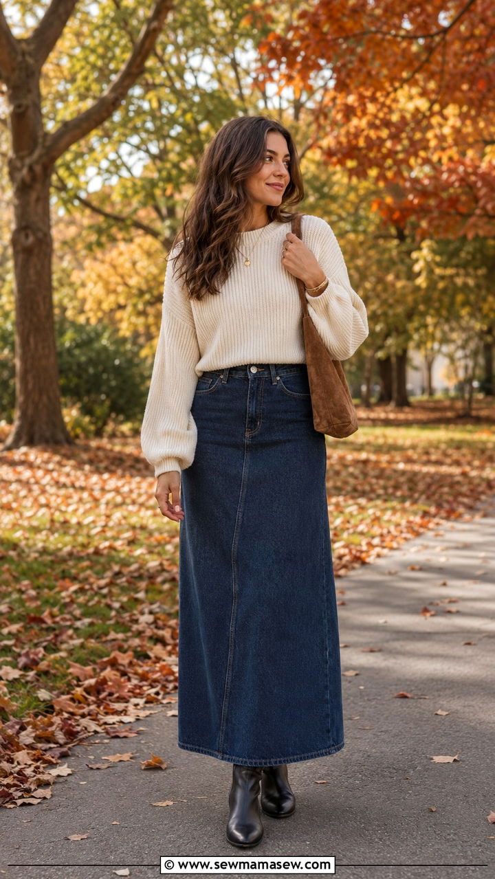 Denim Maxi Skirt With Cropped Sweater And Ankle Boots - 30 casual denim maxi skirt outfits