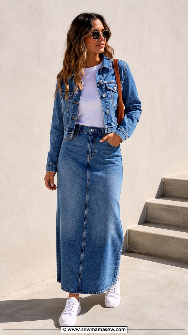 Denim Maxi Skirt With Denim Jacket And White Tee - 30 casual denim maxi skirt outfits