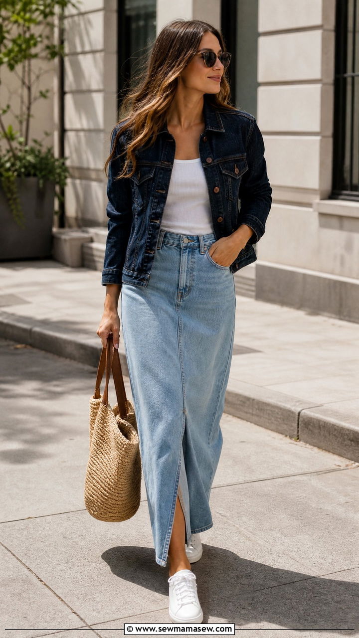 Denim Maxi Skirt With Denim Jacket Outfit - 25 chic denim maxi skirt outfit ideas