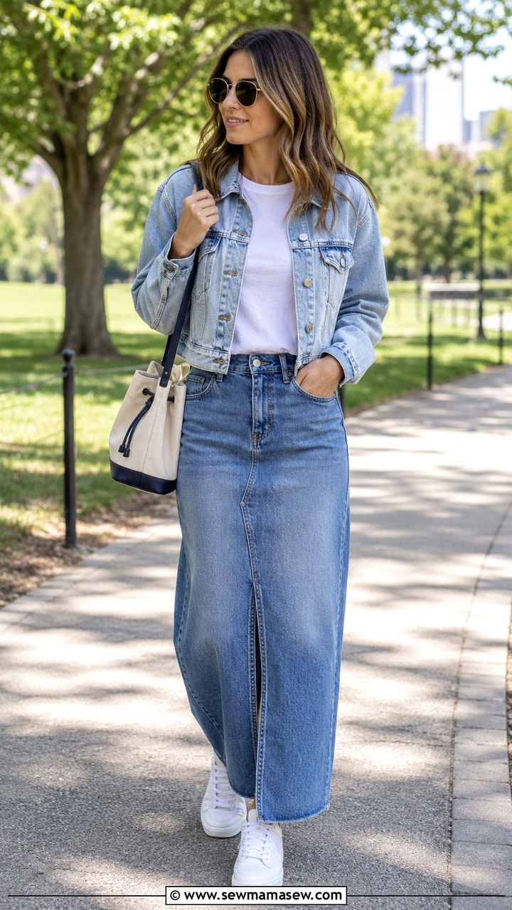 Denim Maxi Skirt With Denim Jacket and White Sneakers - 20 how to style denim maxi skirt