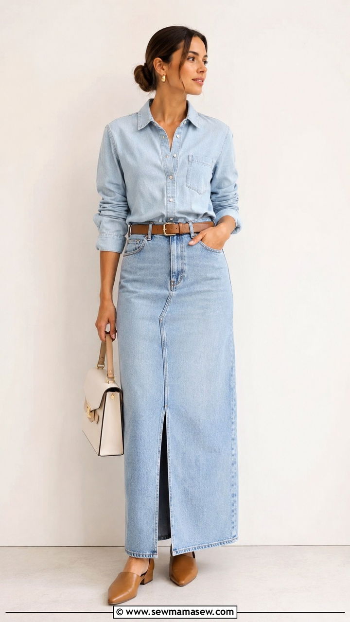 Denim Maxi Skirt With Denim Shirt and Mules - 20 how to style denim maxi skirt