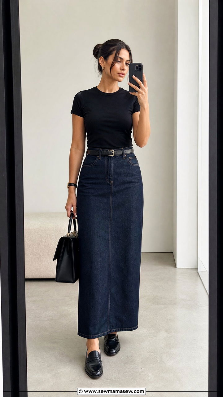 Denim Maxi Skirt With Fitted Tee and Loafers - 25 chic denim maxi skirt outfit ideas
