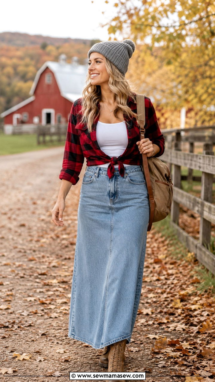 Denim Maxi Skirt With Flannel Shirt And Hiking Boots - 30 casual denim maxi skirt outfits