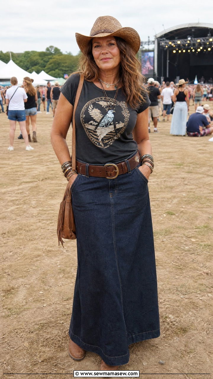 Denim Maxi Skirt With Graphic Tee Concert Outfit - 30 Concert outfits for women over 40