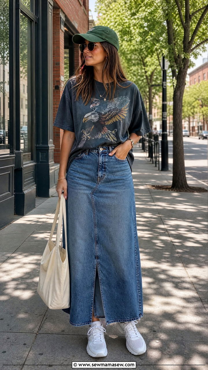 Denim Maxi Skirt With Graphic Tee Outfit - 25 how to style denim skirt
