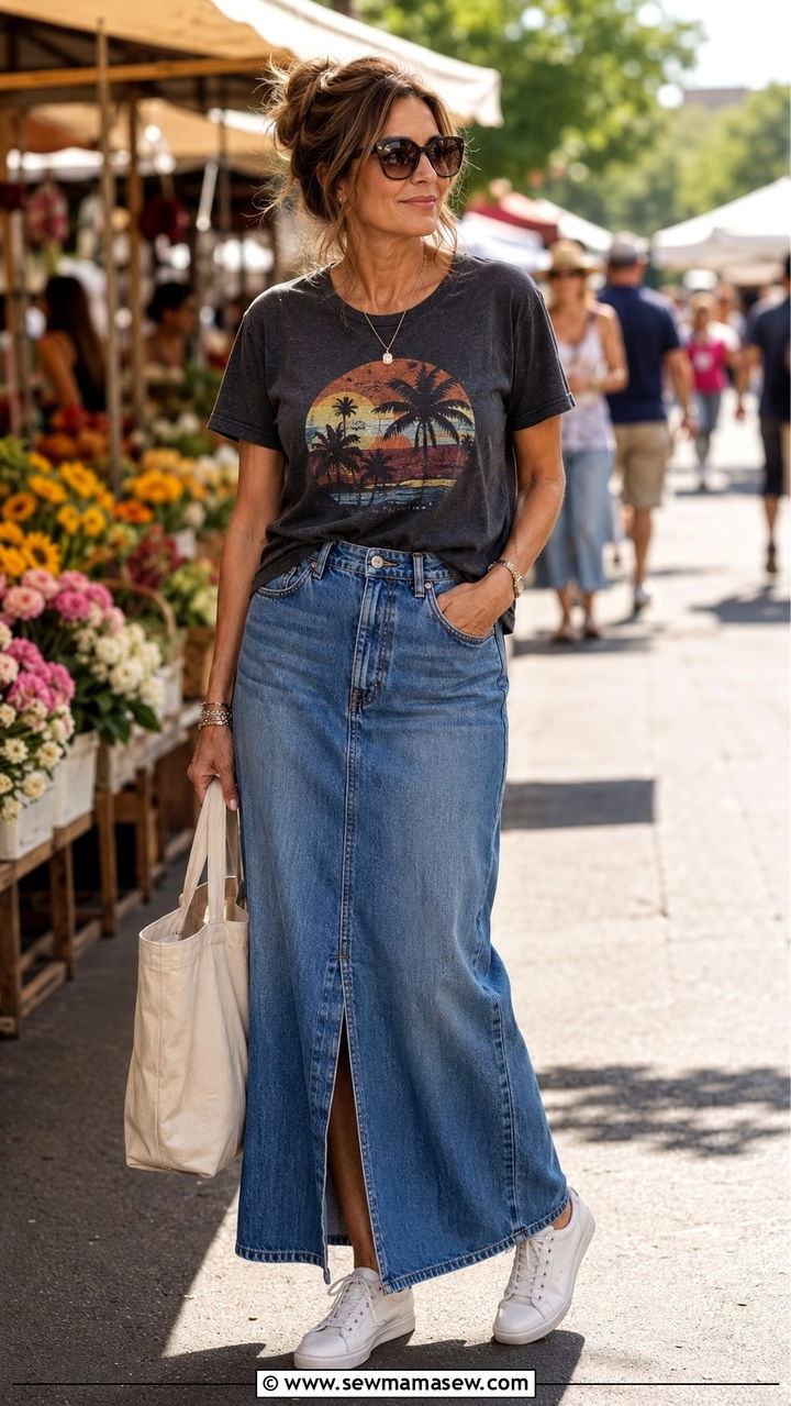 Denim Maxi Skirt With Graphic Tee and White Sneakers - 20 denim maxi skirt outfits for women over 40