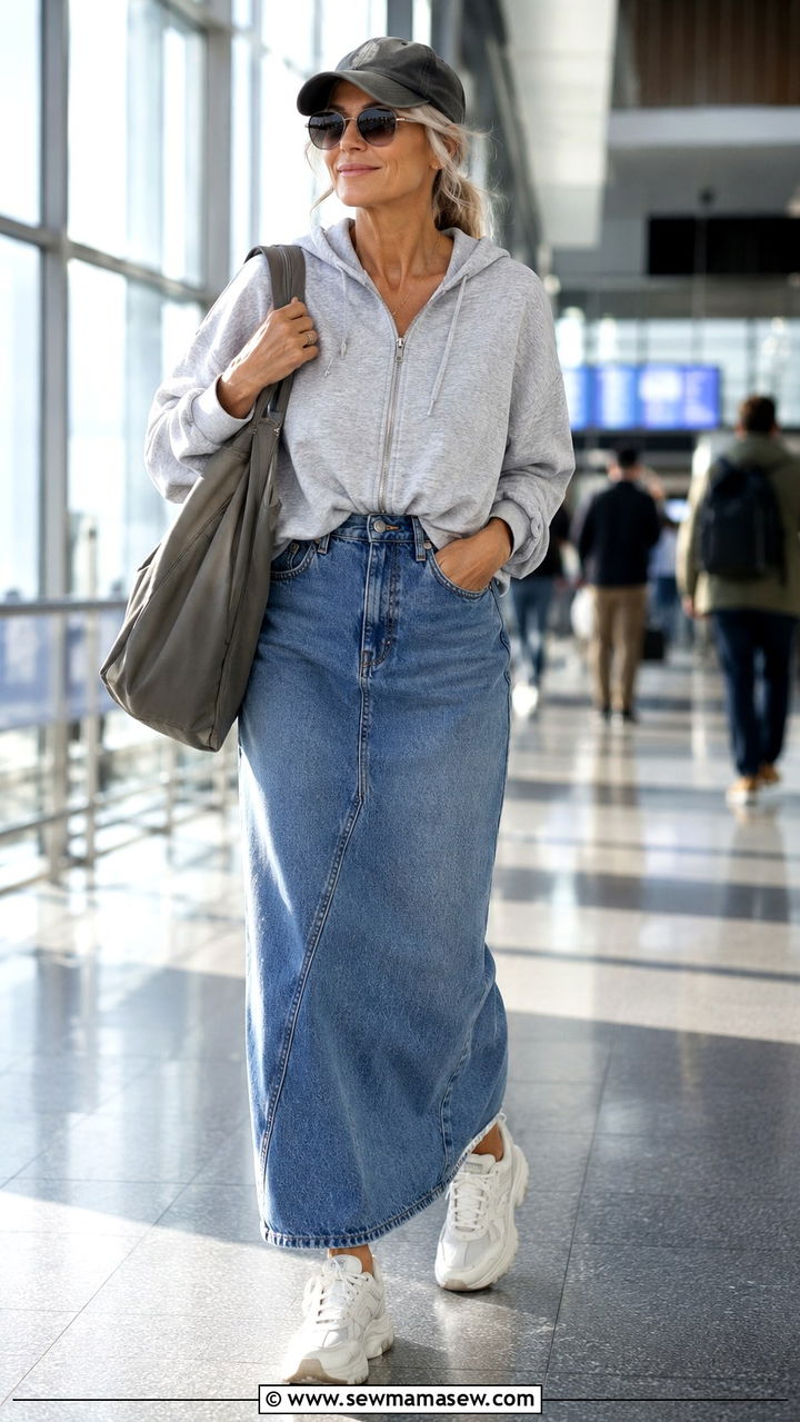 Denim Maxi Skirt With Hoodie and Chunky Sneakers - 20 denim maxi skirt outfits for women over 40