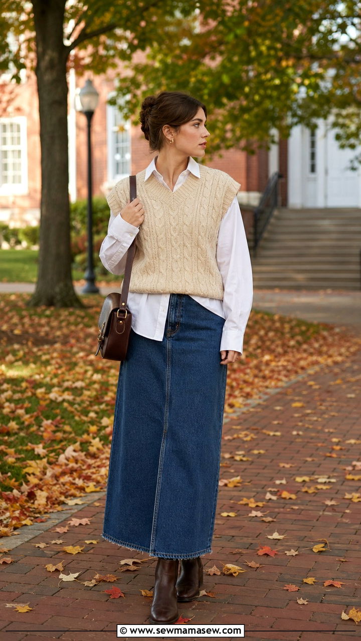 Denim Maxi Skirt With Knit Vest And Chelsea Boots - 30 casual denim maxi skirt outfits