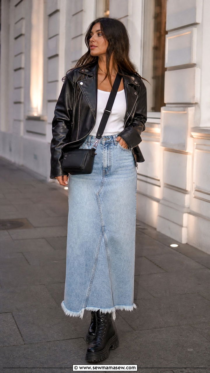 Denim Maxi Skirt With Leather Jacket Outfit - 25 chic denim maxi skirt outfit ideas