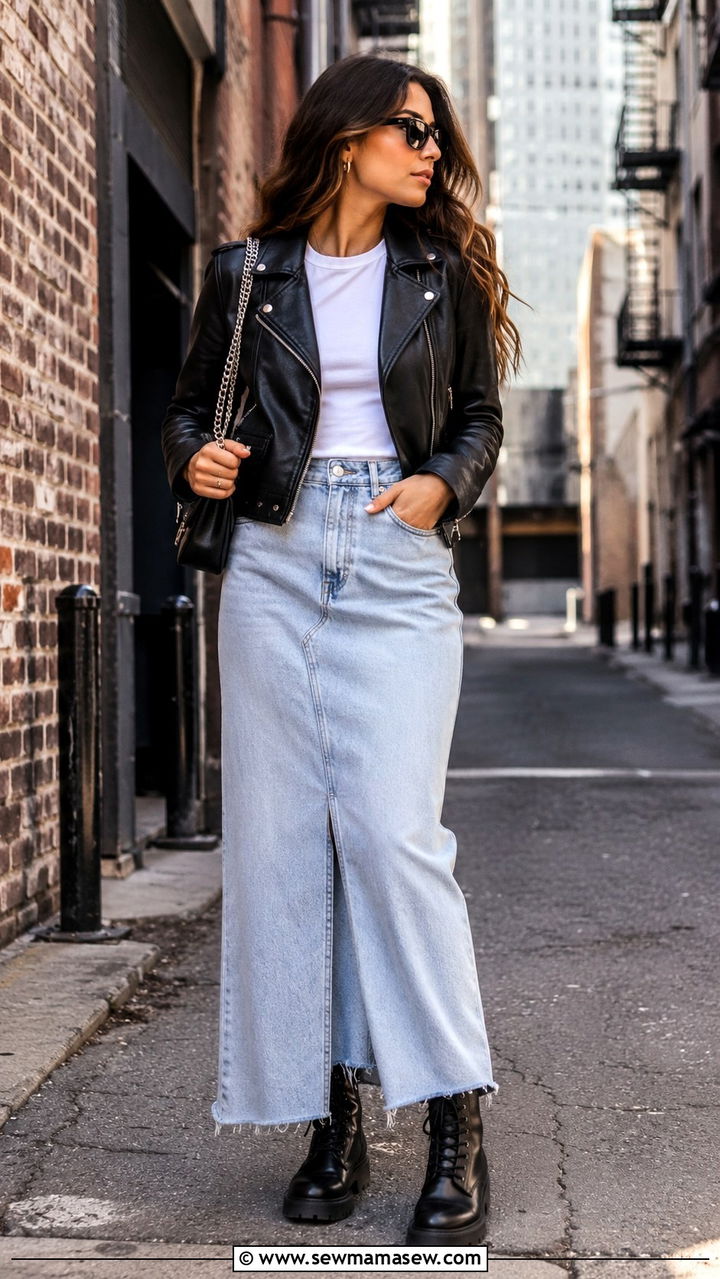 Denim Maxi Skirt With Leather Jacket and Combat Boots - 20 how to style denim maxi skirt