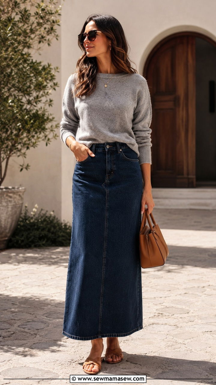 Denim Maxi Skirt With Lightweight Knit - 30 Rich mom outfit ideas 2026