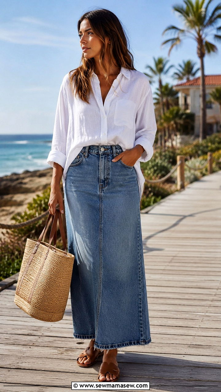 Denim Maxi Skirt With Linen Shirt And Raffia Tote - 30 casual denim maxi skirt outfits