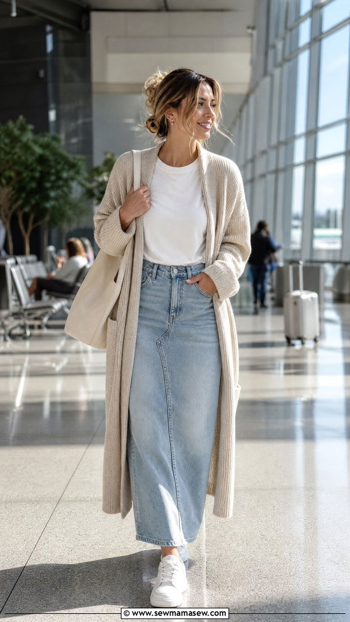 Denim Maxi Skirt With Long Cardigan and Sneakers - 25 chic denim maxi skirt outfit ideas