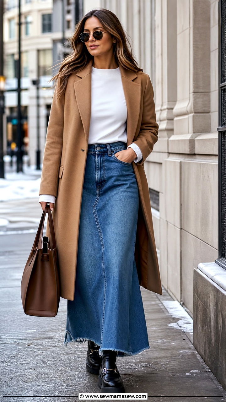 Denim Maxi Skirt With Long Coat And Chunky Loafers - 30 casual denim maxi skirt outfits