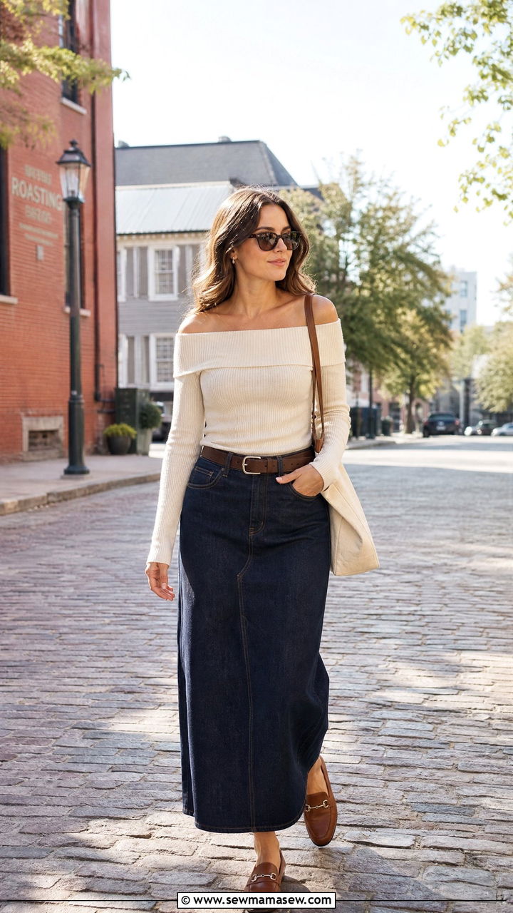 Denim Maxi Skirt With Off The Shoulder Top And Flat Loafers - 30 French girl outfit ideas with loafers