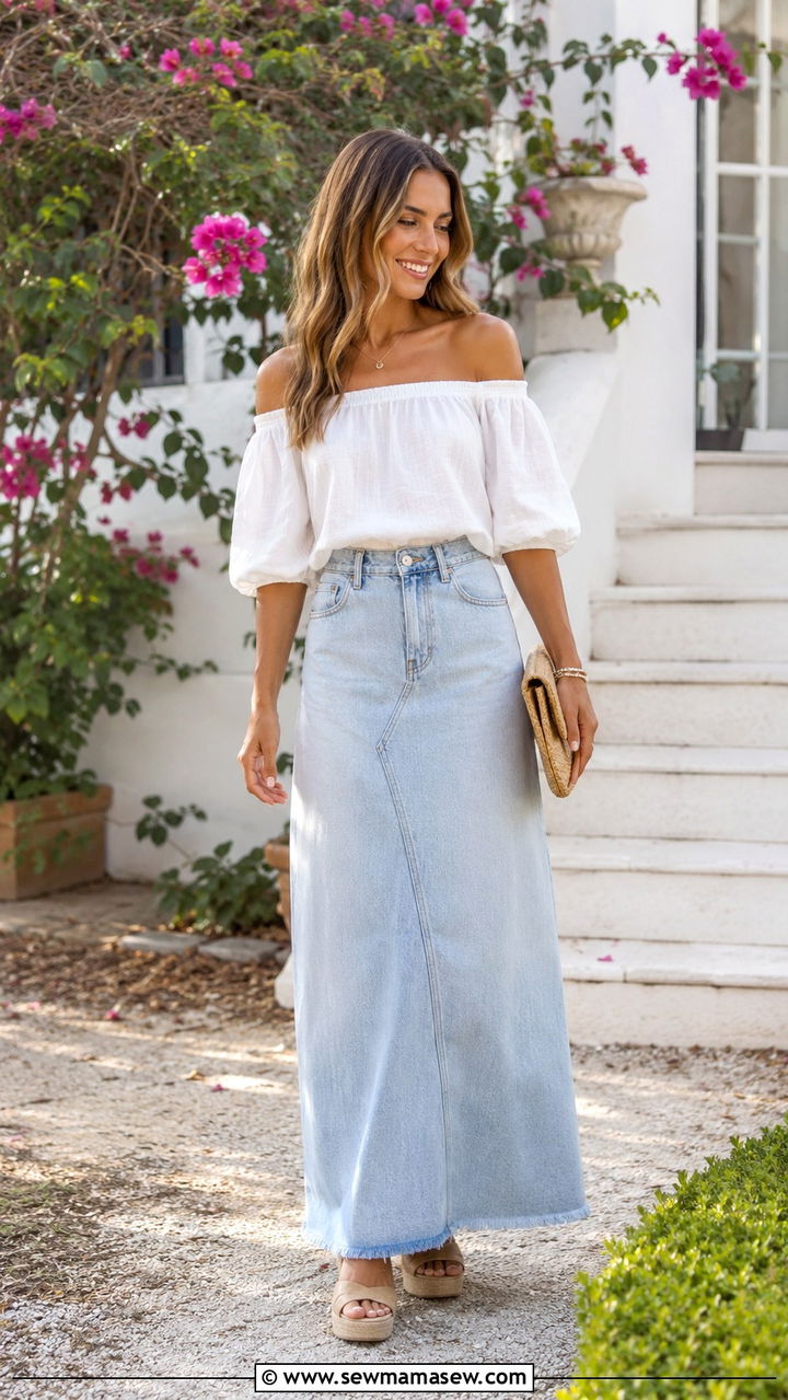 Denim Maxi Skirt With OffShoulder Blouse And Wedge Sandals - 30 casual denim maxi skirt outfits