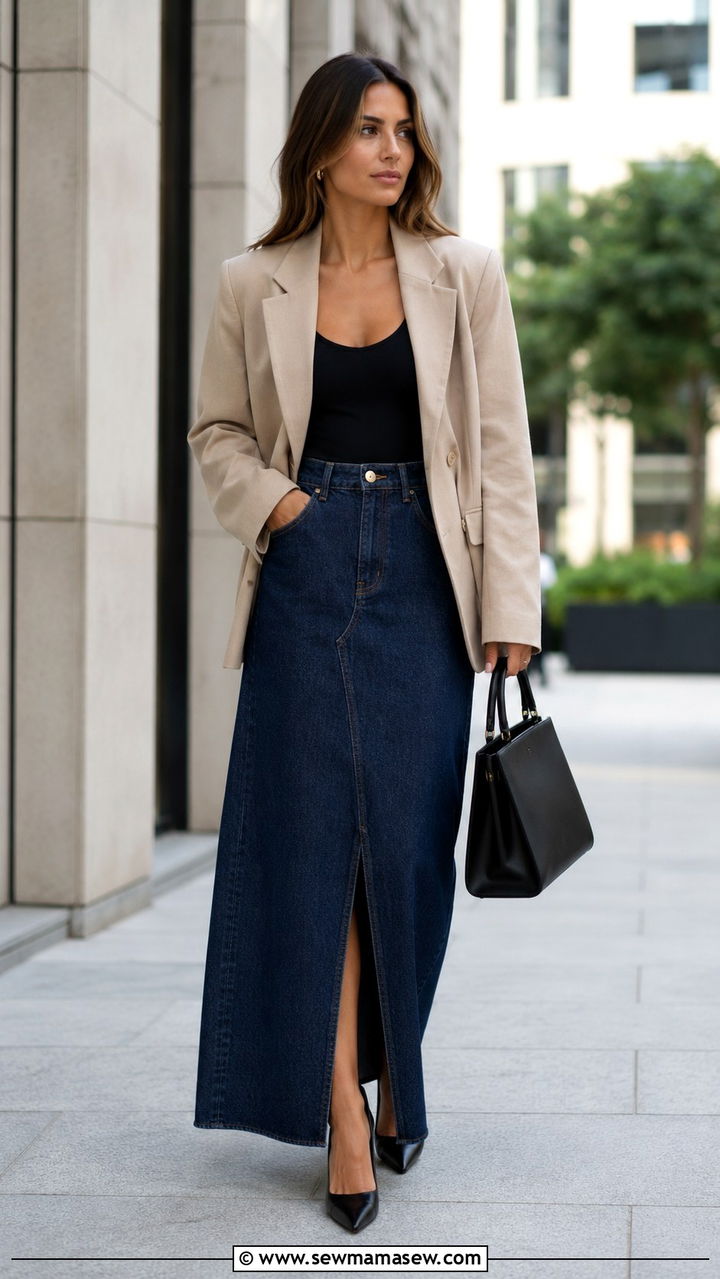 Denim Maxi Skirt With Oversized Blazer and Heels - 20 how to style denim maxi skirt