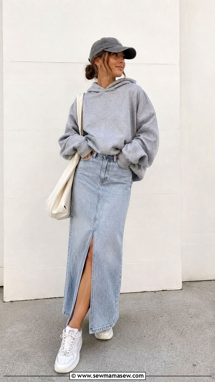 Denim Maxi Skirt With Oversized Hoodie and Chunky Sneakers - 20 how to style denim maxi skirt