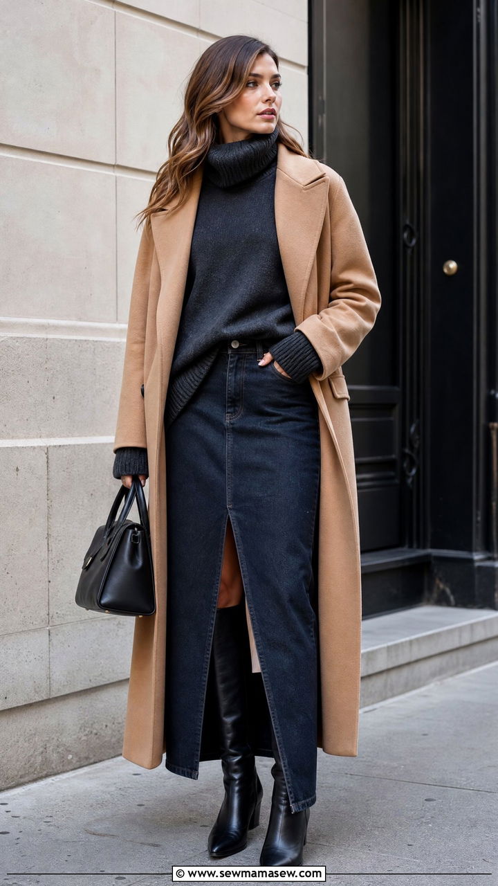 Denim Maxi Skirt With Oversized Knit and Knee High Boots - 25 chic denim maxi skirt outfit ideas