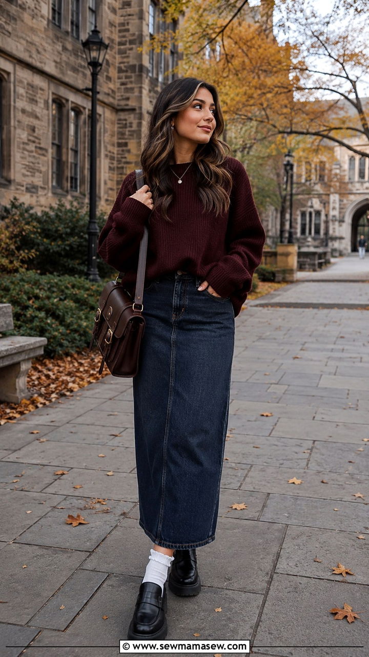 Denim Maxi Skirt With Oversized Sweater and Chunky Loafers - 20 how to style denim maxi skirt
