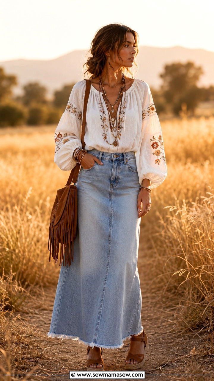 Denim Maxi Skirt With Peasant Blouse and Wedge Sandals - 20 how to style denim maxi skirt