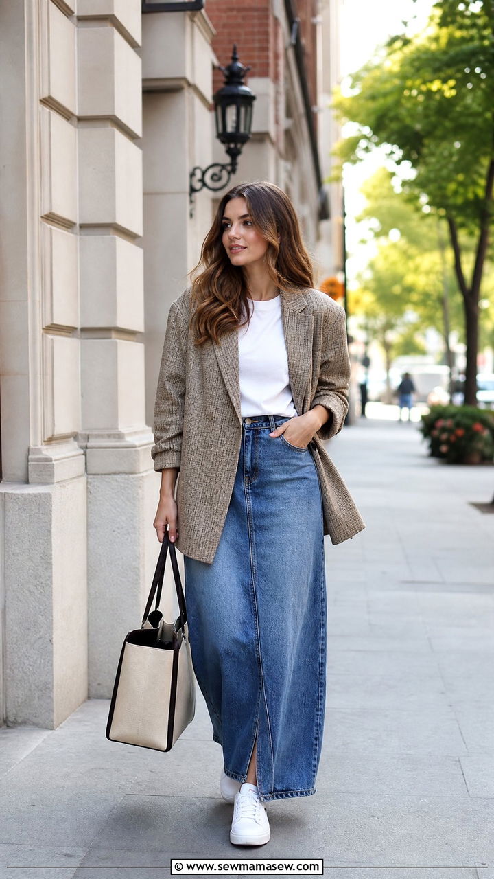 Denim Maxi Skirt With Plaid Blazer And White Sneakers - 30 casual denim maxi skirt outfits