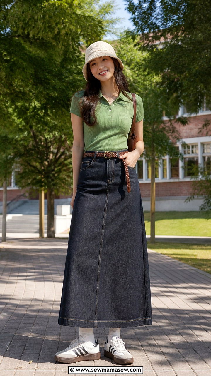Denim Maxi Skirt With Polo Shirt And Retro Sneakers - 30 casual denim maxi skirt outfits