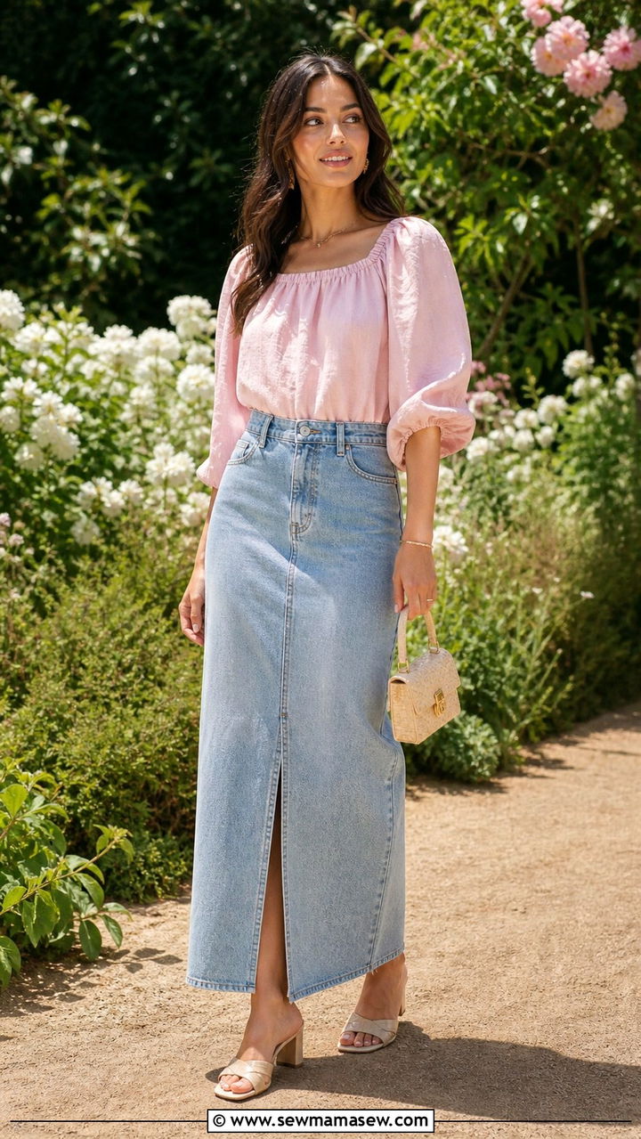 Denim Maxi Skirt With Puff Sleeve Blouse - 40 Summer denim outfits