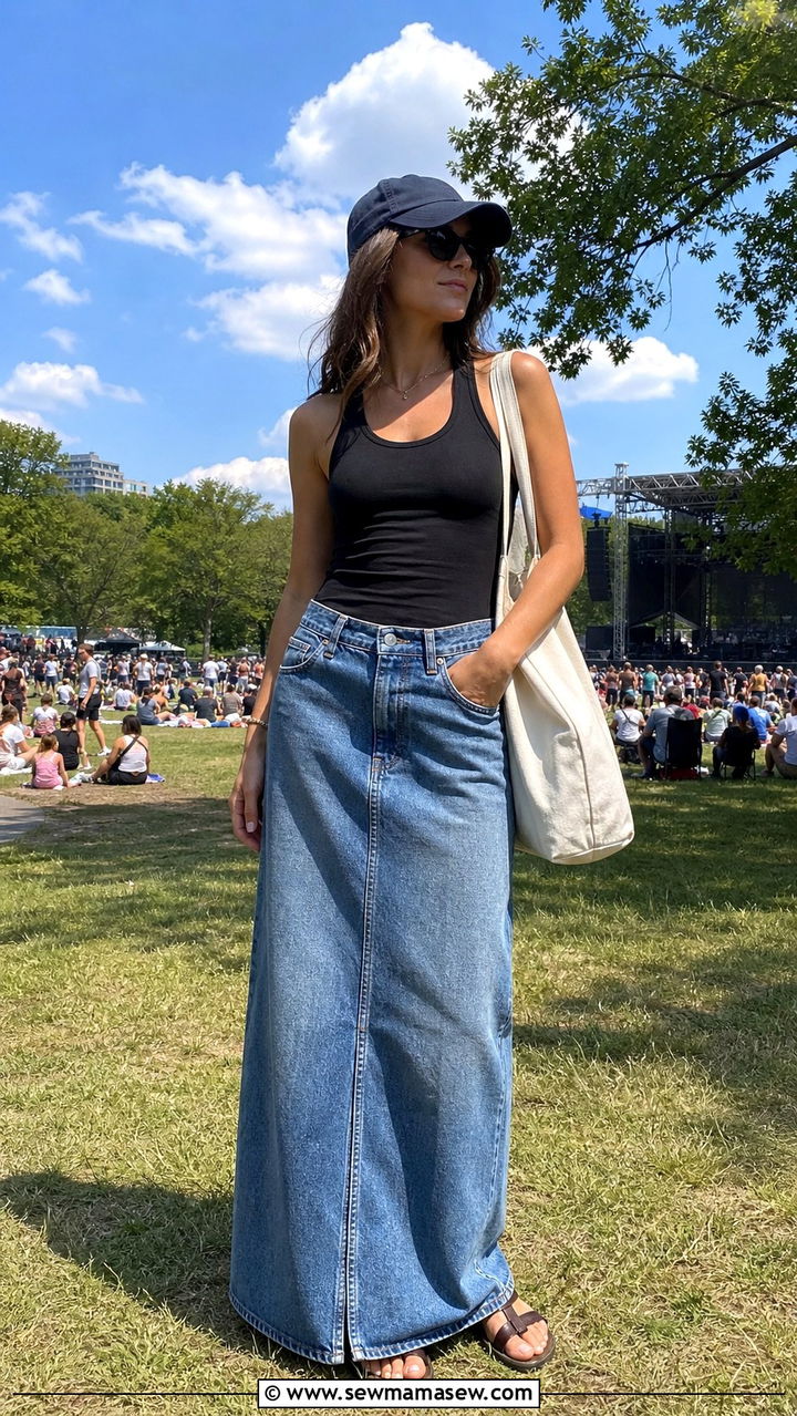 Denim Maxi Skirt With Racerback Tank - 40 casual denim skirt outfits