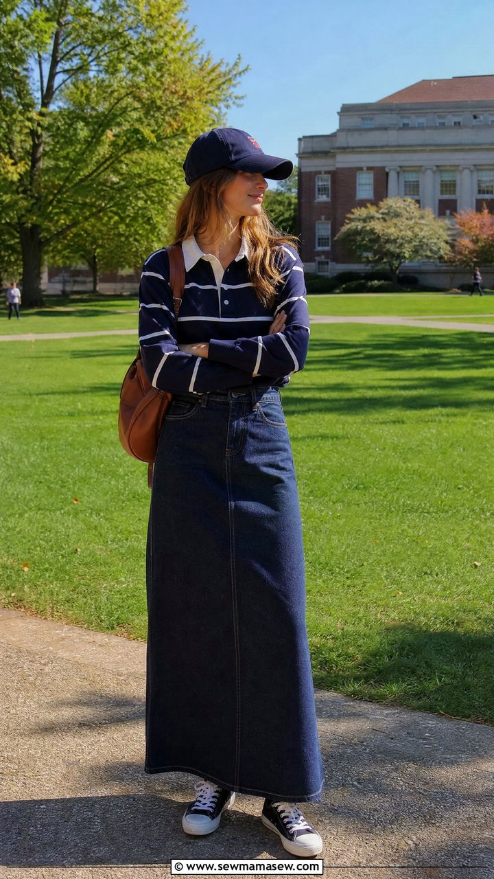 Denim Maxi Skirt With Rugby Shirt And Canvas Sneakers - 30 casual denim maxi skirt outfits