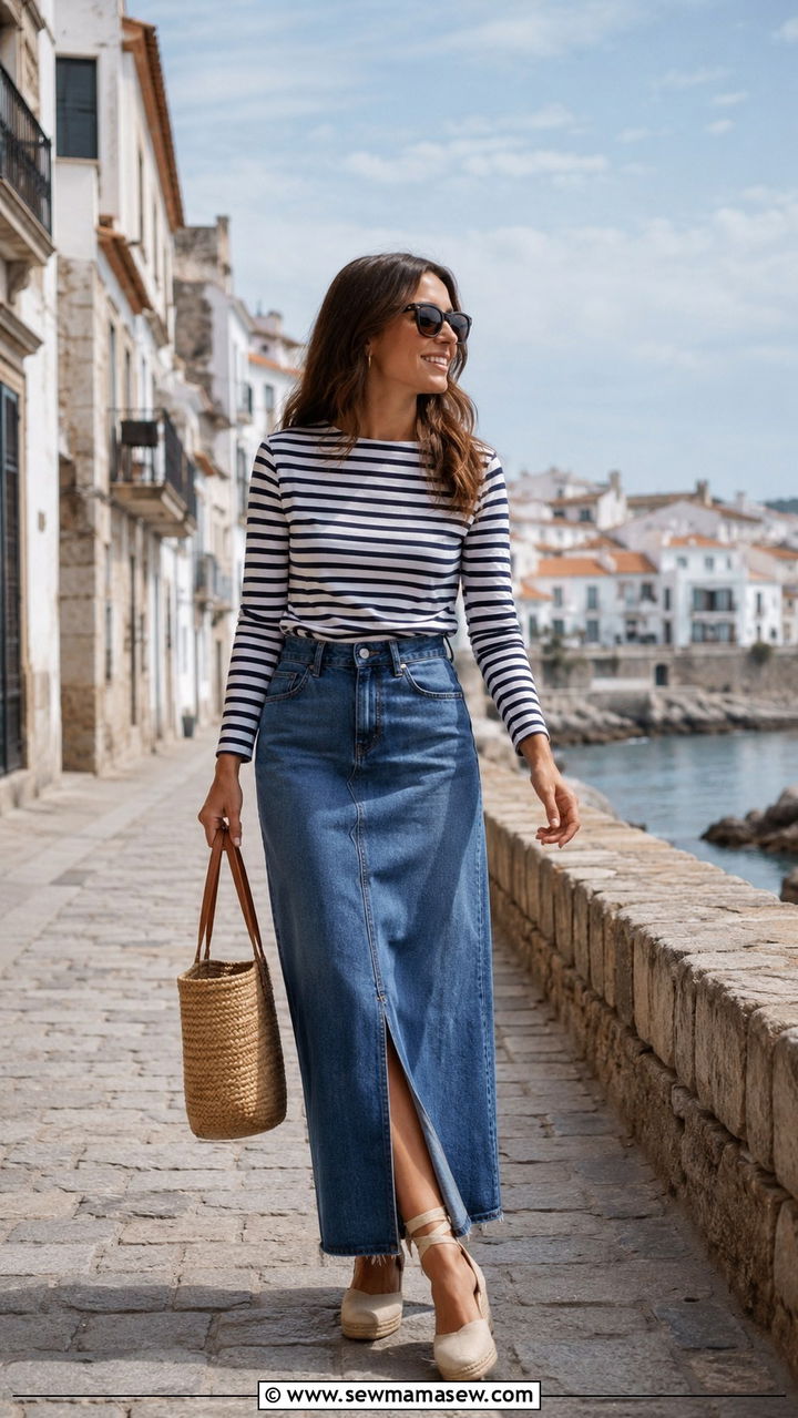 Denim Maxi Skirt With Striped LongSleeve Tee And Espadrilles - 30 casual denim maxi skirt outfits