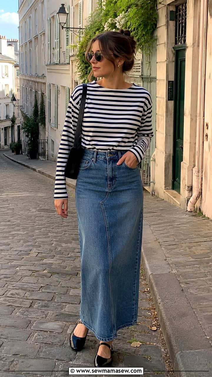Denim Maxi Skirt With Striped Tee and Mary Janes - 20 how to style denim maxi skirt