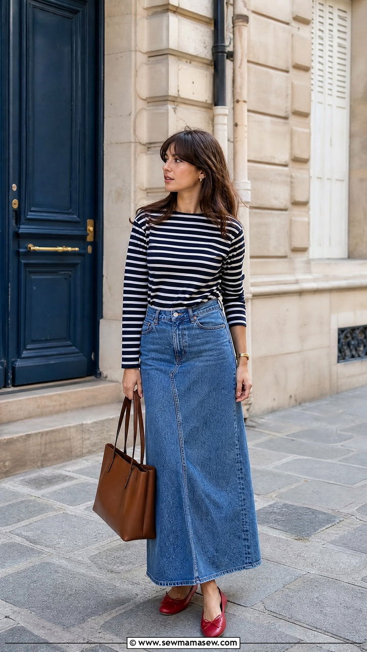 Denim Maxi Skirt With Striped Top and Ballet Flats - 25 chic denim maxi skirt outfit ideas