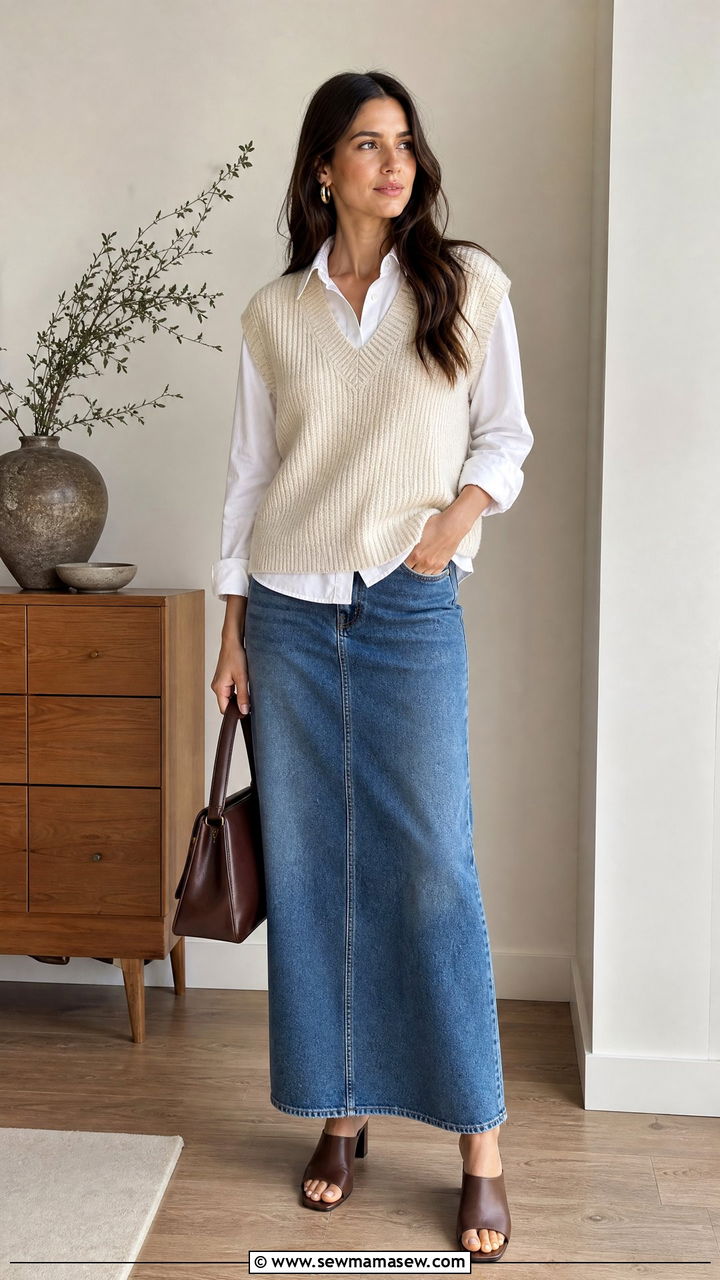 Denim Maxi Skirt With Sweater Vest and Mules - 25 chic denim maxi skirt outfit ideas