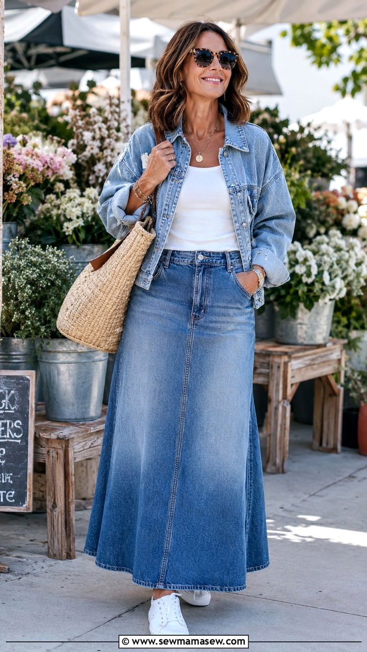 Denim Maxi Skirt With Tank And Denim Jacket - 20 denim skirt outfits for women over 40