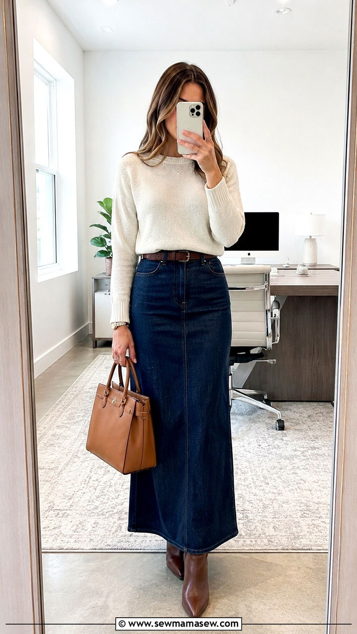 Denim Maxi Skirt With Tucked In Sweater - 30 Maxi skirt outfit ideas for work