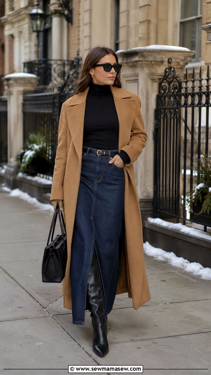 Denim Maxi Skirt With Turtleneck Bodysuit And KneeHigh Boots - 30 casual denim maxi skirt outfits