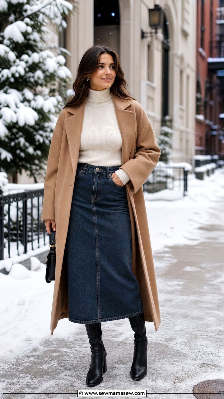 Denim Maxi Skirt With Turtleneck and Tall Boots - 25 chic denim maxi skirt outfit ideas