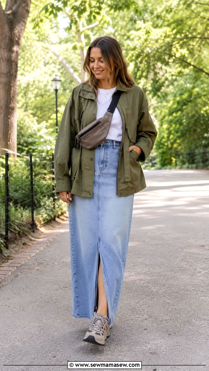 Denim Maxi Skirt With Utility Jacket And Trail Sneakers - 30 casual denim maxi skirt outfits