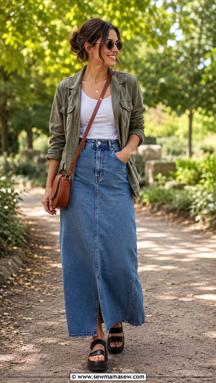 Denim Maxi Skirt With Utility Jacket and Platform Sandals - 20 how to style denim maxi skirt