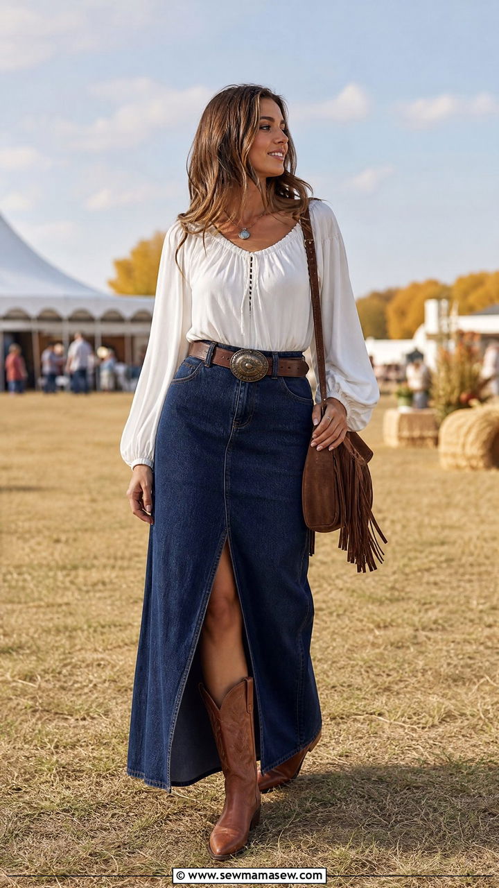 Denim Maxi Skirt With Western Boots Outfit - 25 chic denim maxi skirt outfit ideas