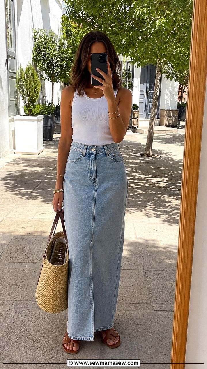 Denim Maxi Skirt With White Tank Top And Sandals - 30 casual denim maxi skirt outfits