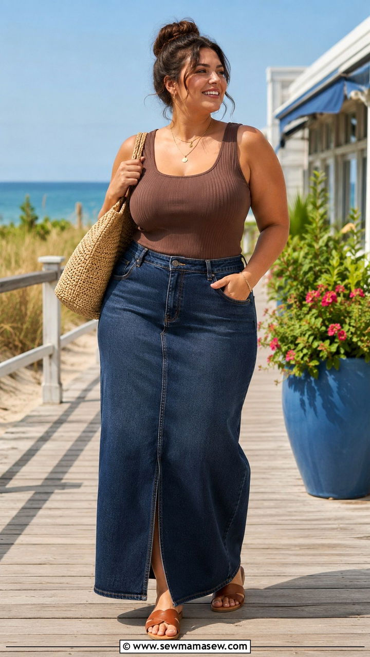 Denim Maxi Skirt With a Ribbed Tank and Flat Sandals - 20 Plus size outfit ideas size 18
