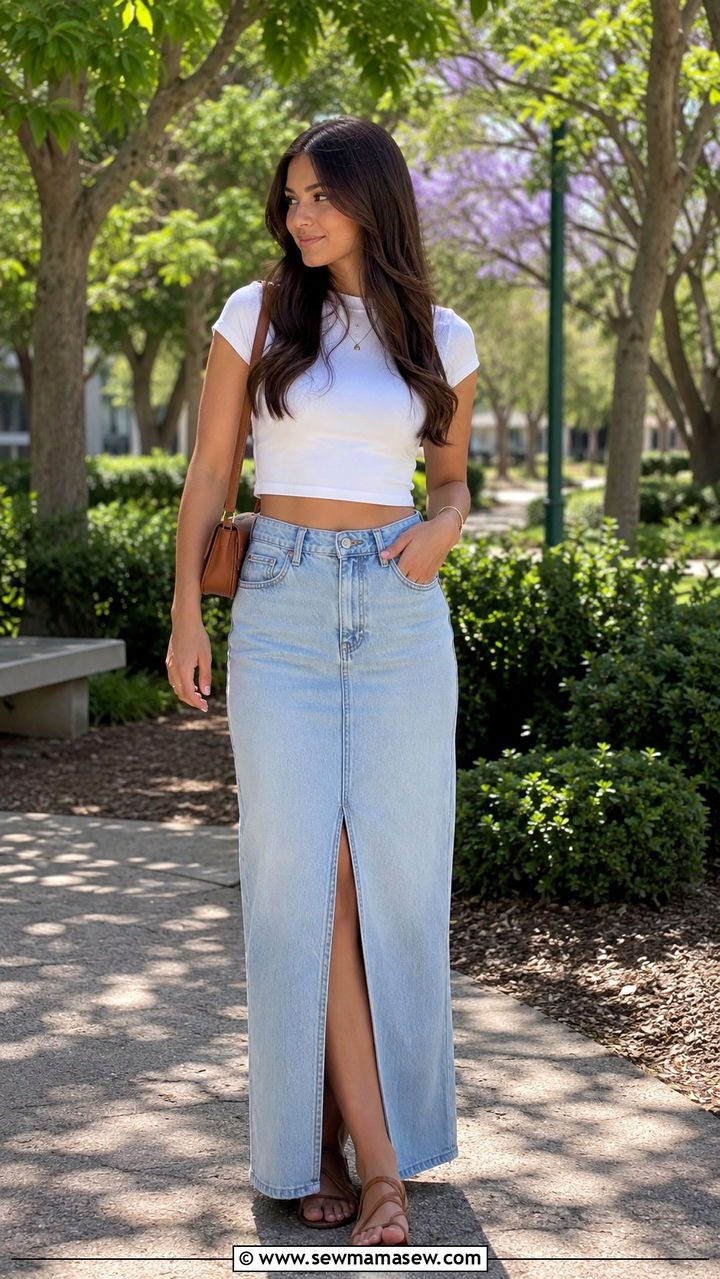 Denim Maxi Skirt and Crop Top Spring Outfit - 30 spring outfits 2026 women casual