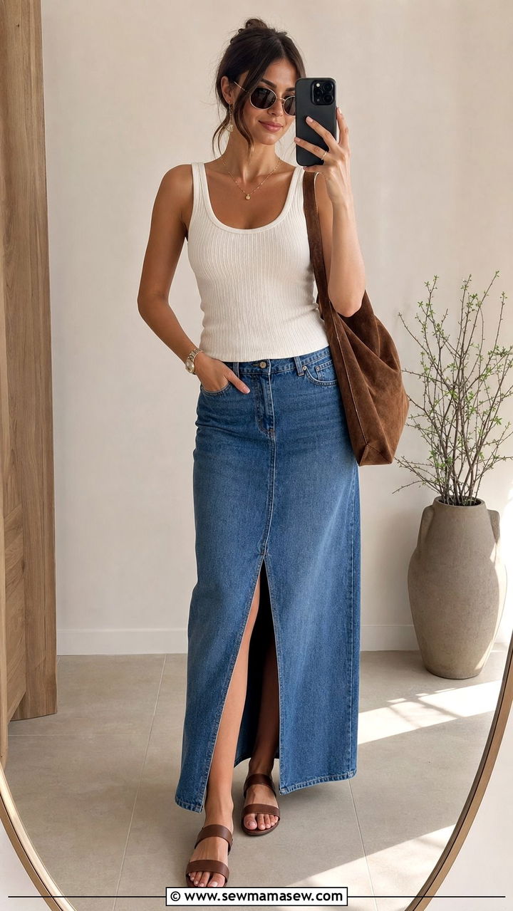 Denim Maxi Skirt and Fitted Tank Outfit 2026 - 25 spring summer 2026 outfits casual