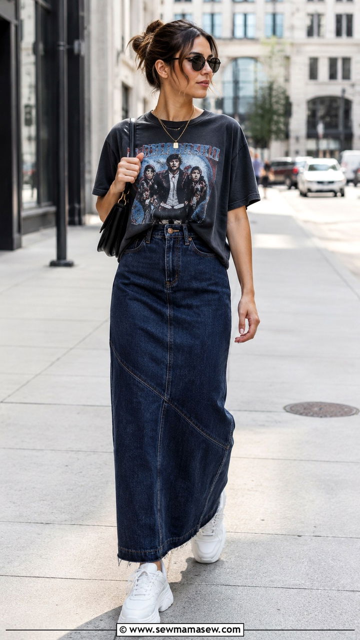 Denim Maxi Skirt with Band Tee and Chunky Sneakers - 30 Denim skirt outfit ideas with a tee