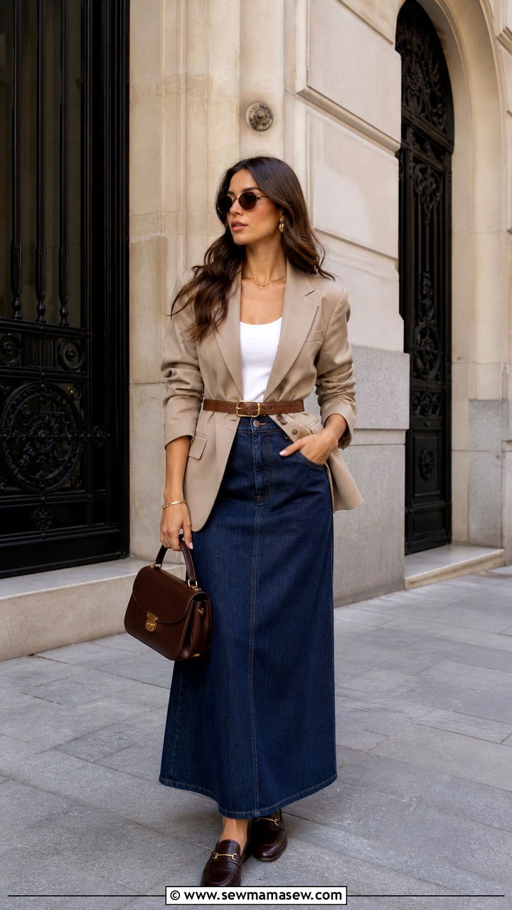 Denim Maxi Skirt with Belted Blazer and Loafers - 40 denim skirt outfit ideas