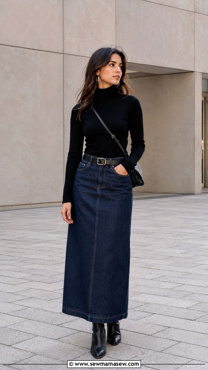 Denim Maxi Skirt with Black Turtleneck and Ankle Boots - 30 classy scandinavian outfit ideas
