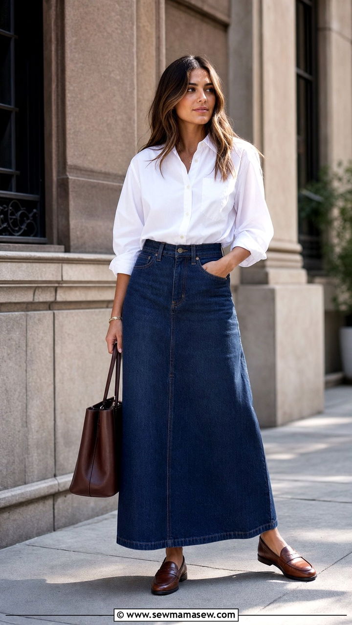 Denim Maxi Skirt with Button Down Shirt - 35 casual maxi skirt outfits