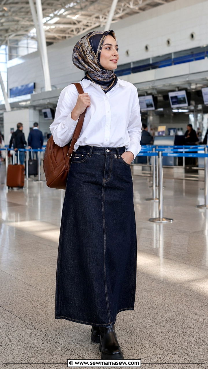 Denim Maxi Skirt with Button Down Shirt and Ankle Boots - 30 Modest outfit ideas for airport